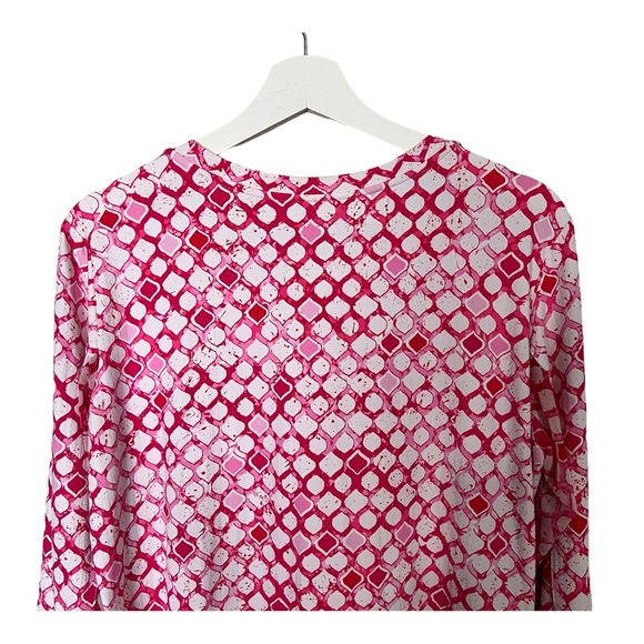 Ibkül Pink White Geo Print Long Mesh Sleeve 1/4 Popover Shift Active Dress Sz L - Picture 7 of 13